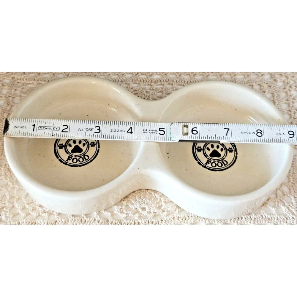 Double Sided Beige Speckled Ceramic Cat Food and Water Dish